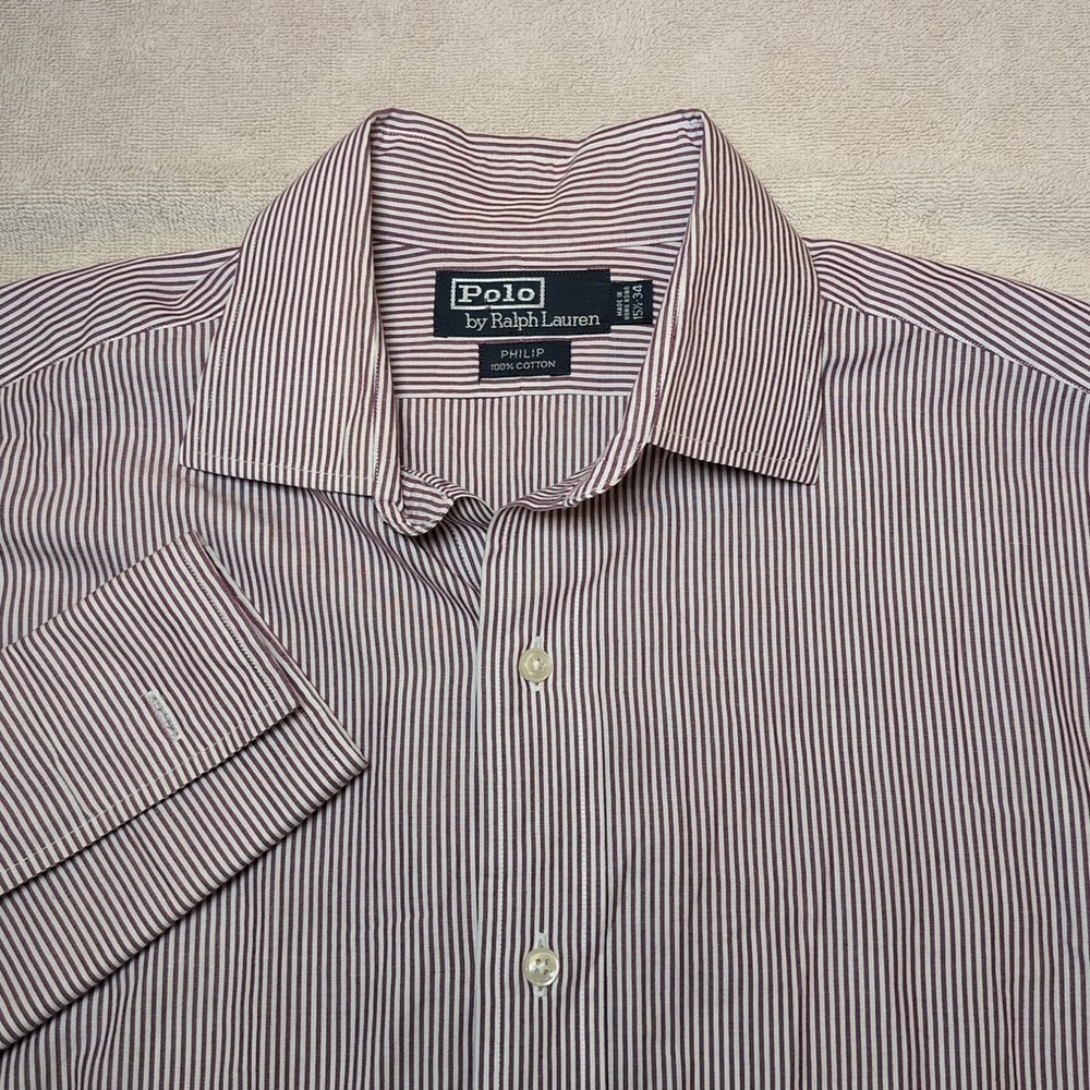 Vintage Polo Ralph Lauren Philip Mens Sz 15 1/2-34 Lng Sleeve Shirt Burgundy/Wht